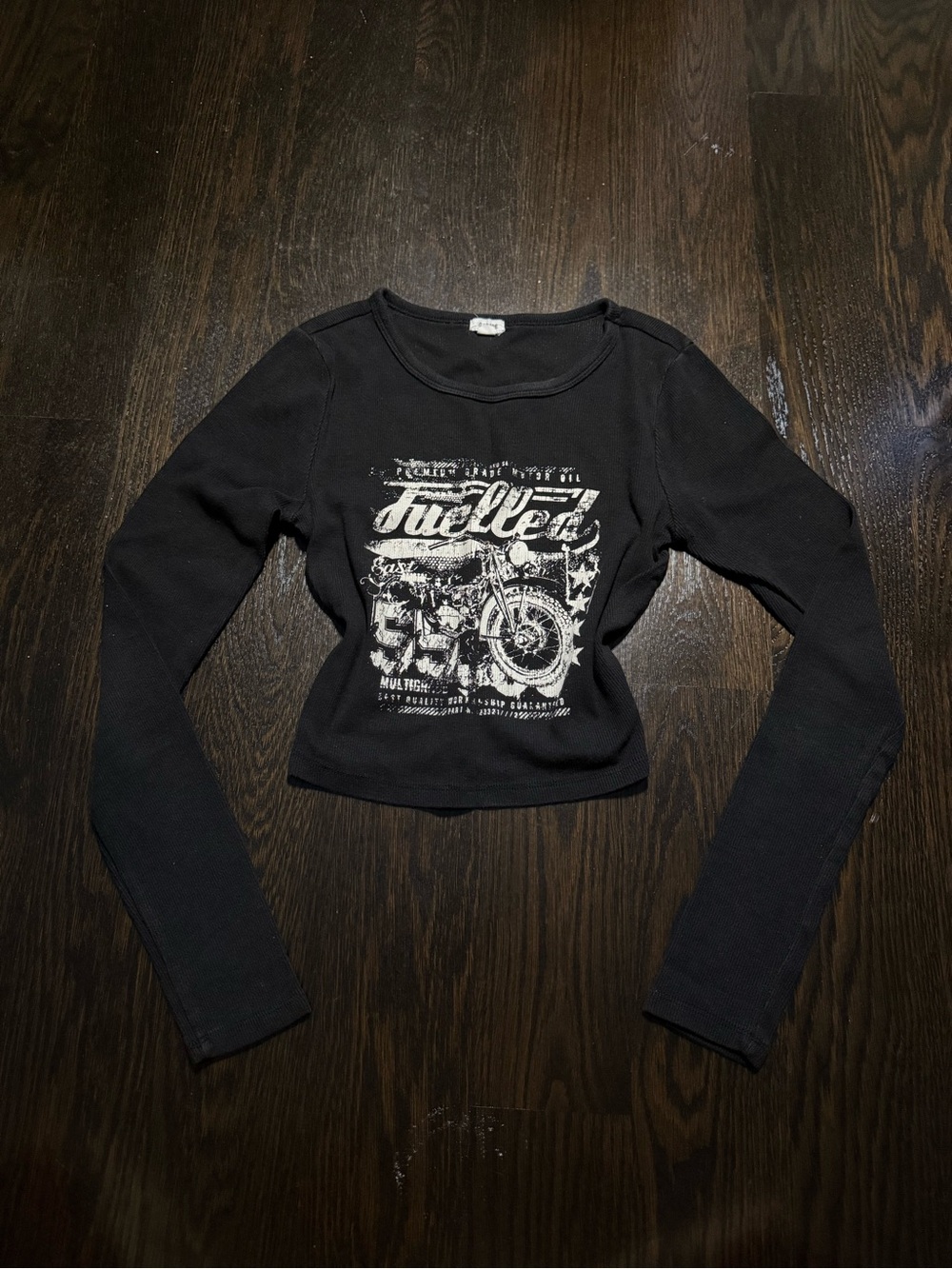 Garage Black Long Sleeve Crop Top with White Tag Detail